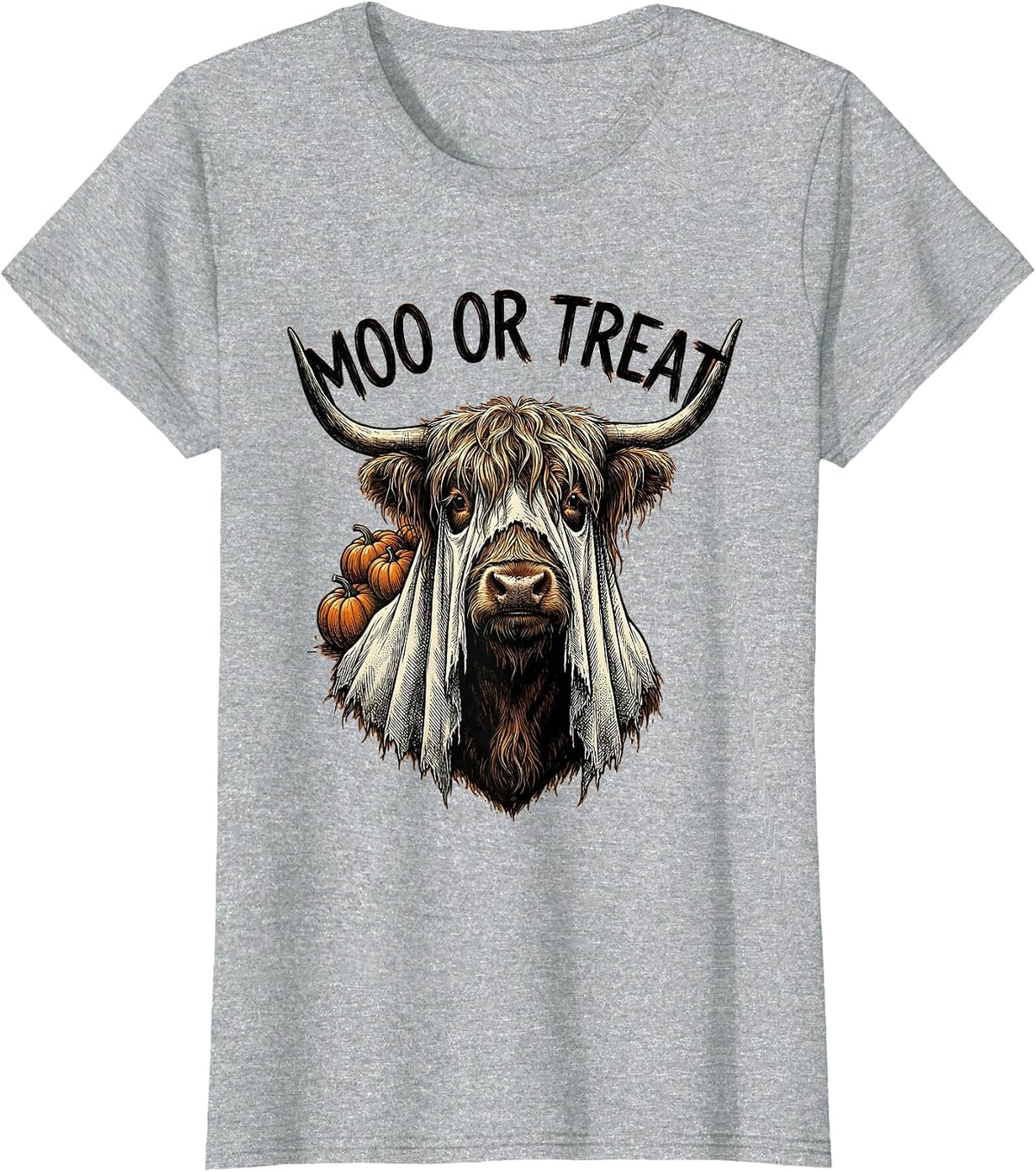 Moo Or Treat Vintage Highland Cow Halloween Pumpkin Ghost T-Shirt - Heather Grey