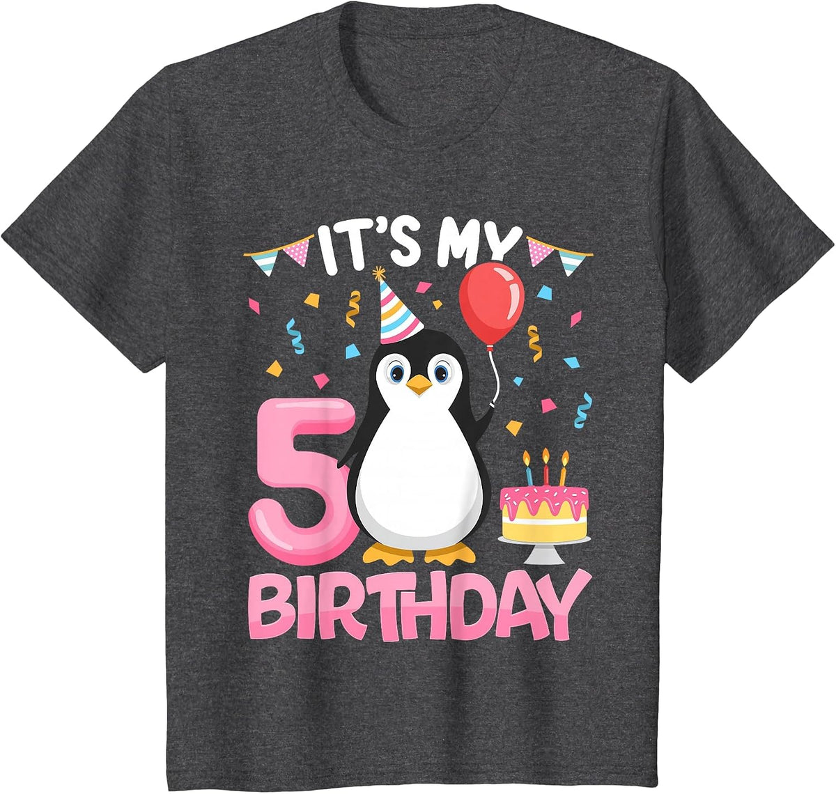Kids Penguin Birthday 5 Year Old Girl 5th Birthday Party Five T-Shirt - Dark Heather Grey