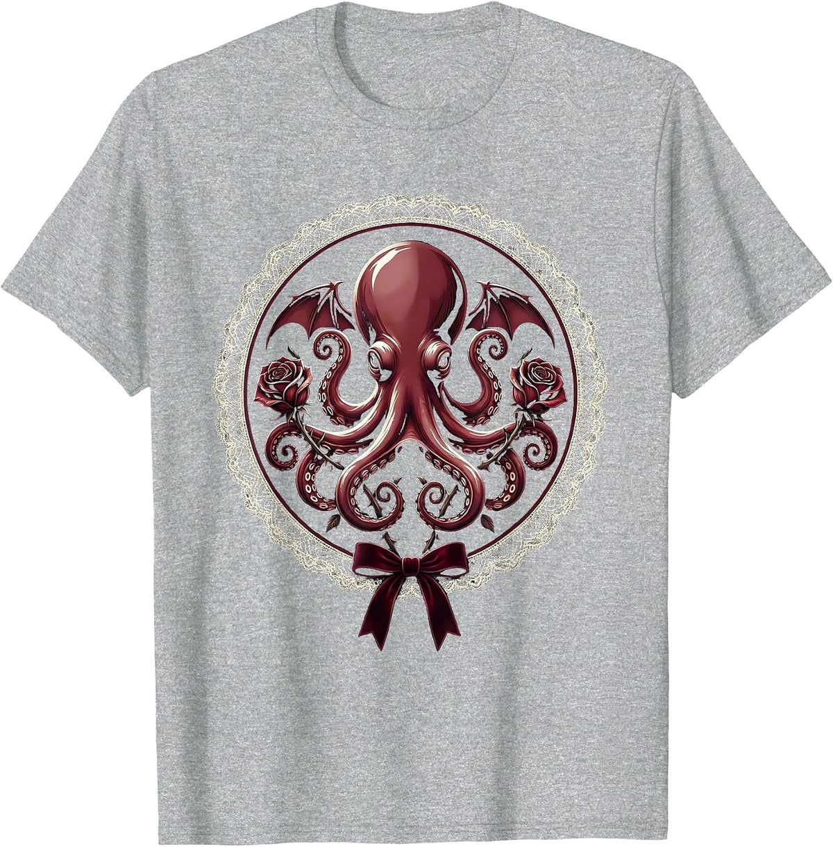 Men's Octopus Floral Tentacle Curl Art Design T-Shirt - Heather Grey