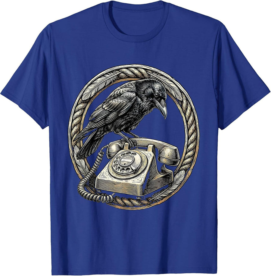 Crow on Rotary Telephone Vintage Gothic Art T-Shirt - Royal Blue
