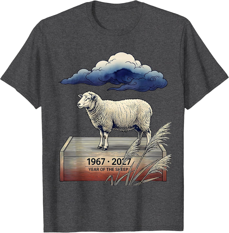 Men's 1967 · 2027 Year Of The Sheep Ukiyo-e Lunar New Year T-Shirt - Dark Heather Grey