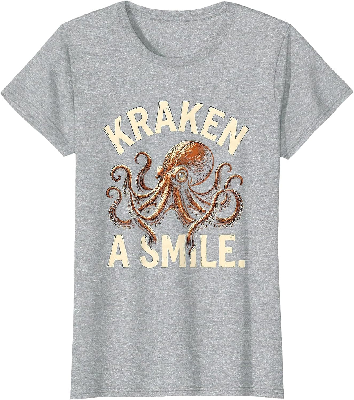 Women's Kraken A Smile Linocut Octopus Lover Marine Biology Humor T-Shirt - Heather Grey
