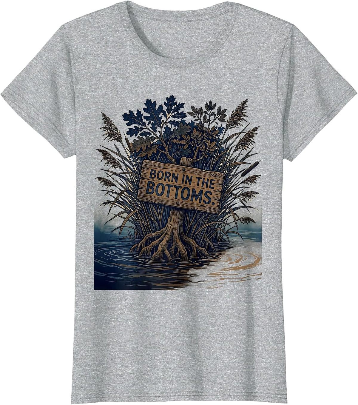 Born in the Bottoms Bottomland Camo Design T-Shirt - Heather Grey