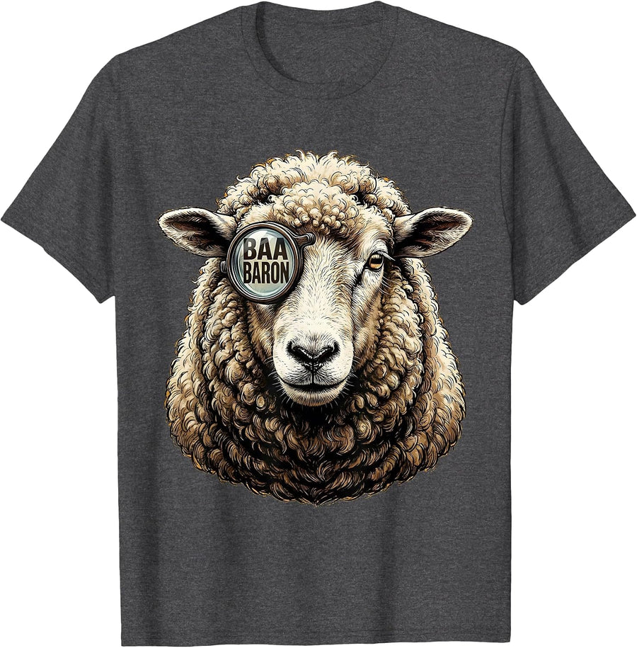 Men's Baa Baron Funny Sheep Illustration Farm Animal Lover Humor T-Shirt - Dark Heather Grey
