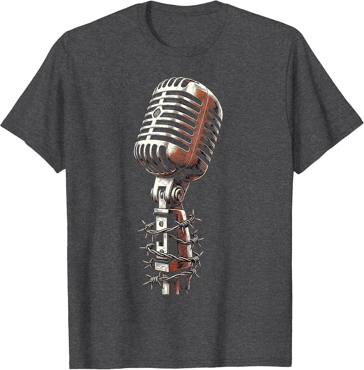 90s Band Barbed Wire Microphone Stand Graphic T-Shirt - Dark Heather Grey