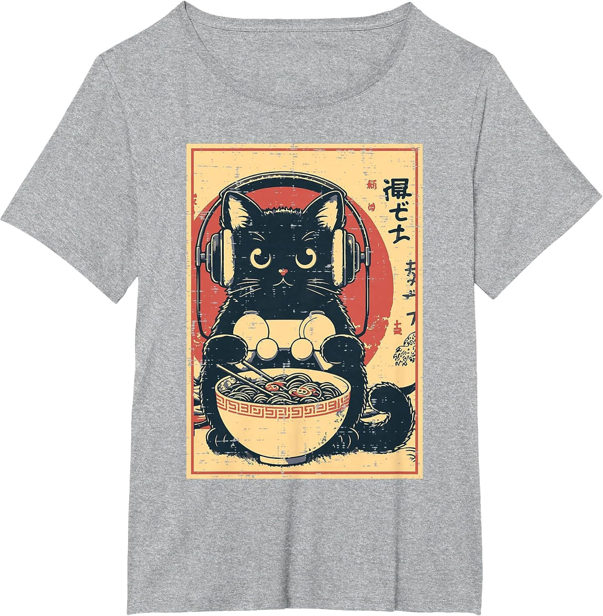 Japanese Cat Gamer Controller Ramen Gaming Art Men Boys Kids T-Shirt - Heather Grey