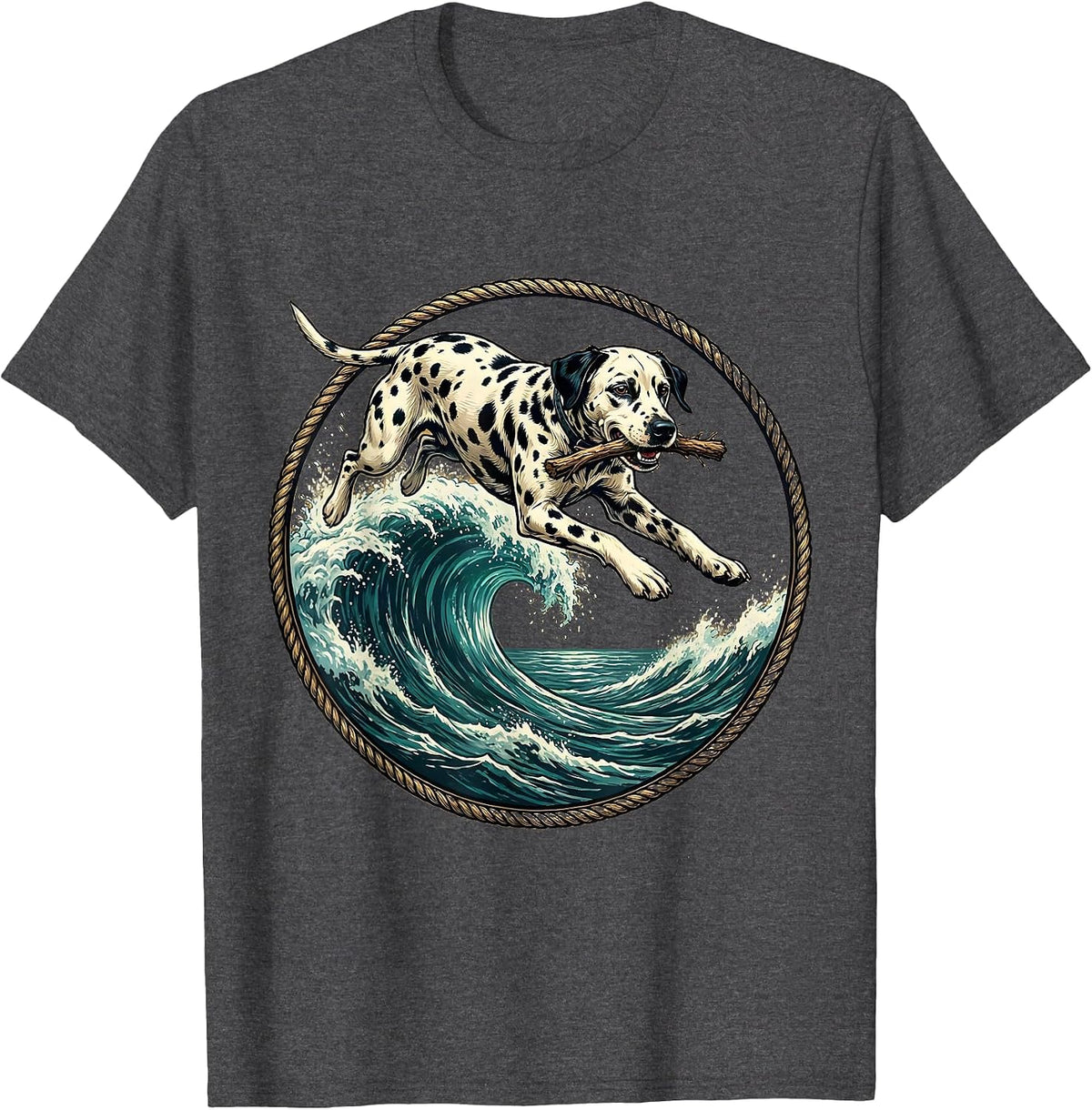 Dalmatian Fetching Stick Over Crashing Wave T-Shirt - Dark Heather Grey