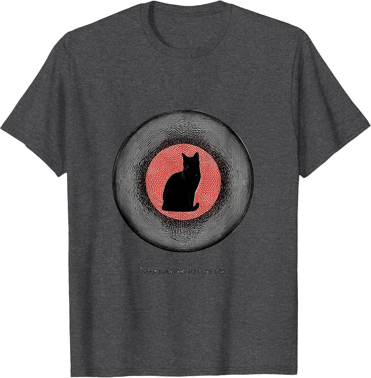Men's Keep Looking To Confirm Op Art Moire Physics Nerd Cat Humor T-Shirt - Dark Heather Grey
