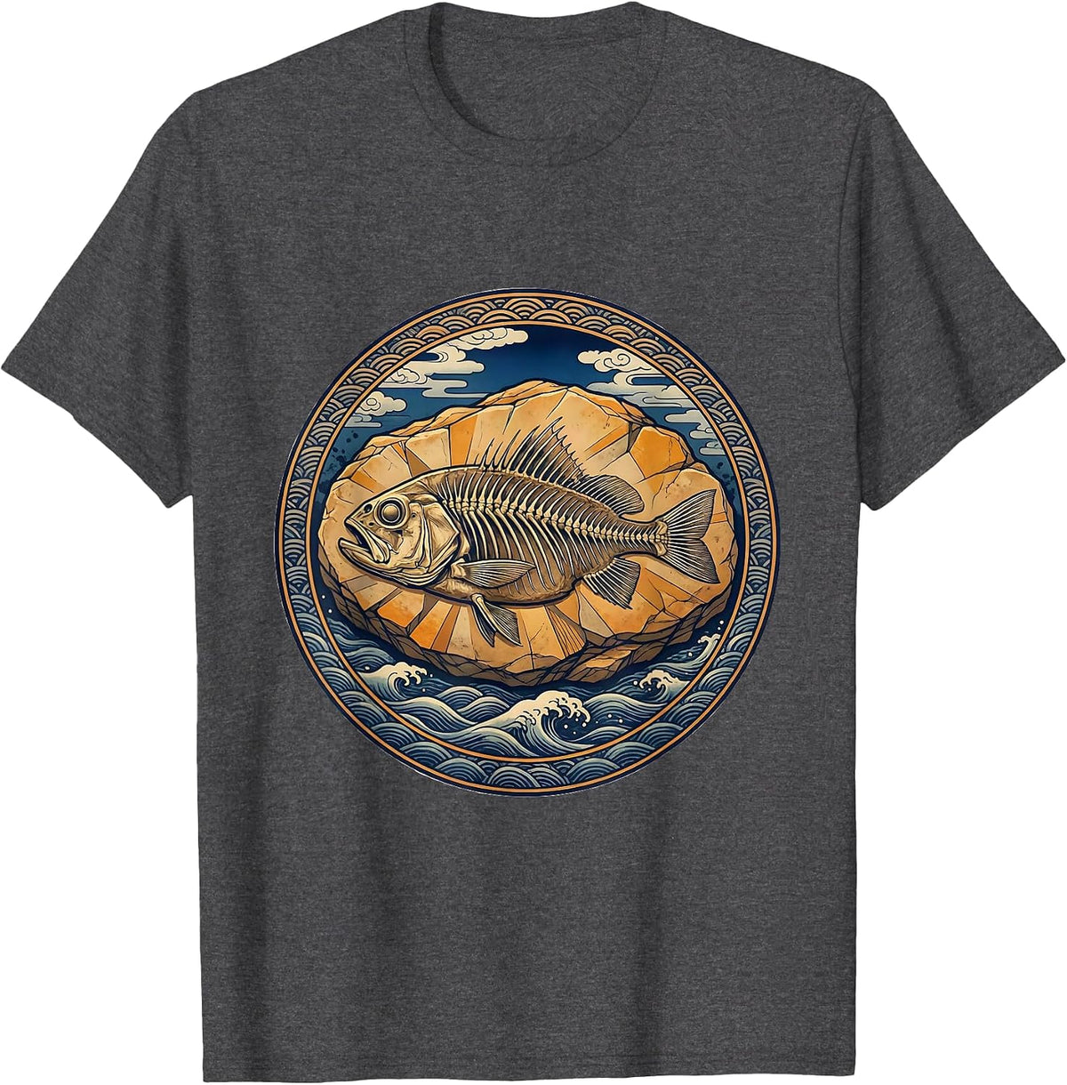 Skeletal Fish Fossil Stone Slab Graphic Tee T-Shirt - Dark Heather Grey
