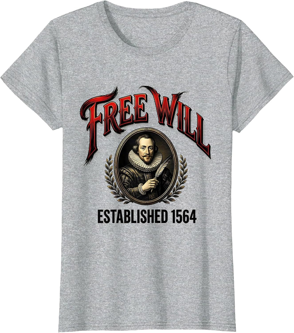 Free Will Established 1564 Vintage Literary Shakespeare Fan T-Shirt - Heather Grey
