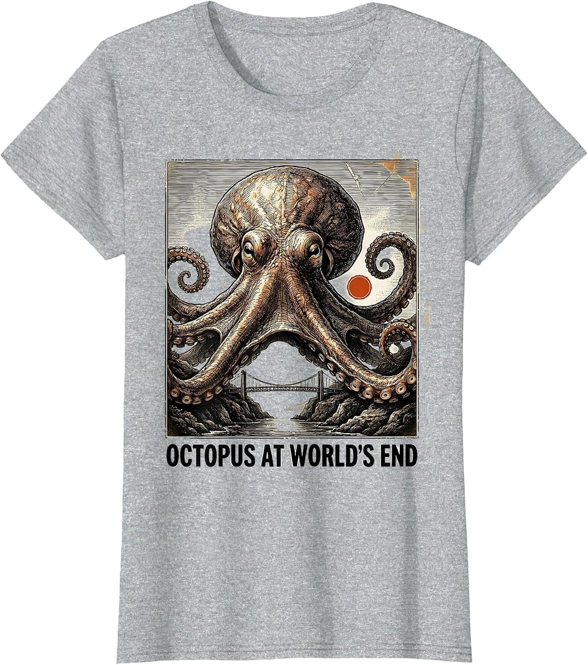Women's Octopus at World's End Antique Plate-Illustration Octopus T-Shirt - Heather Grey