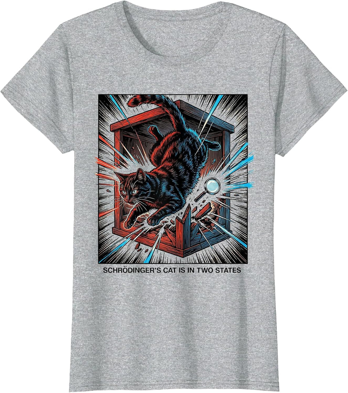 Women's Schrödinger's Cat Is In Two States Comic Book Physics Humor T-Shirt - Heather Grey