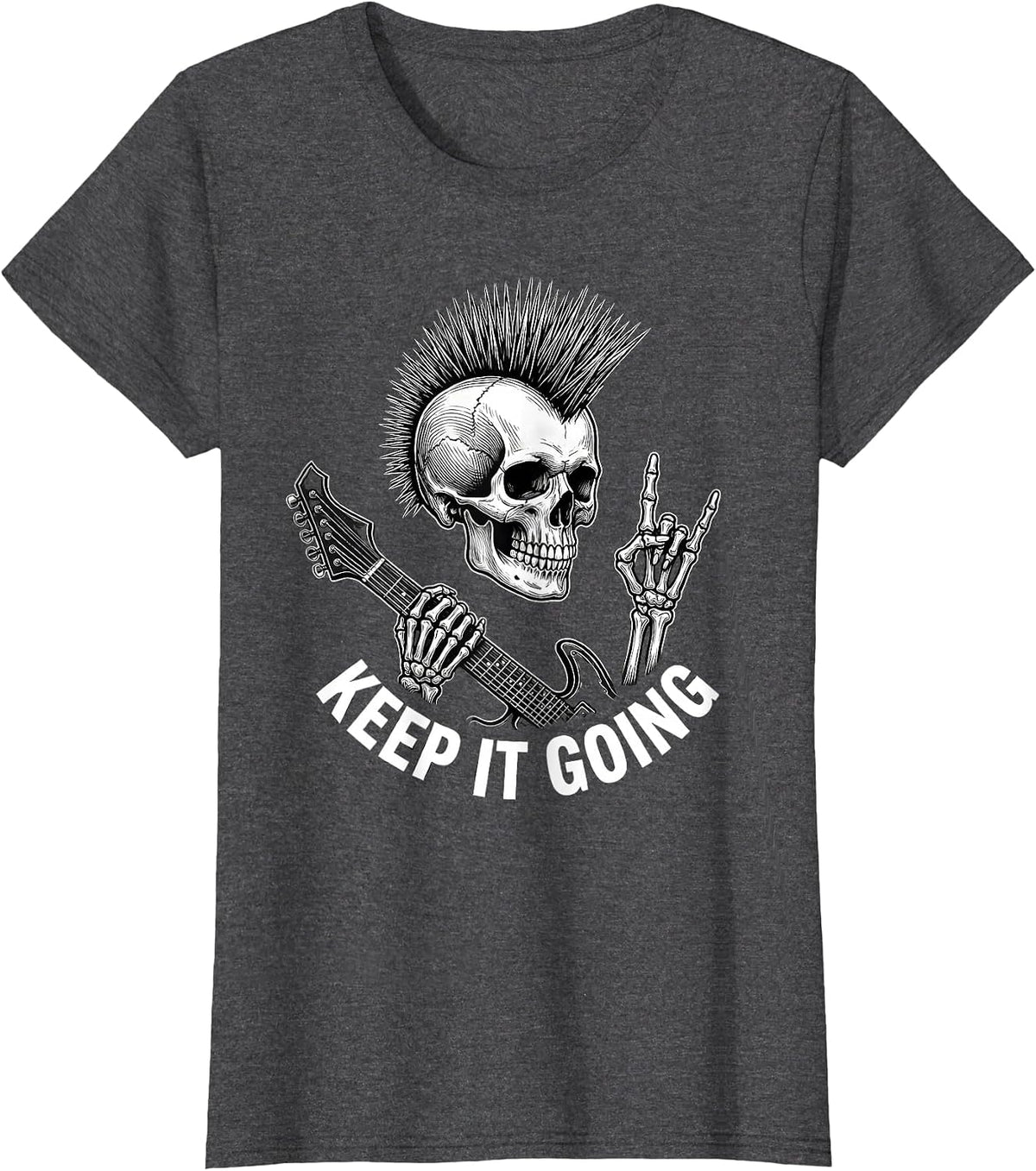 Women's Keep It Going Punk Rock Skeleton Skull Guitar Halloween T-Shirt - Dark Heather Grey