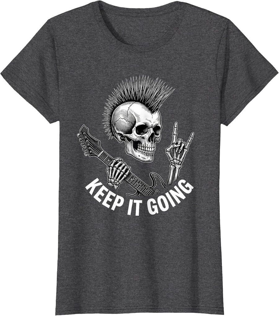 Women's Keep It Going Punk Rock Skeleton Skull Guitar Halloween T-Shirt - Dark Heather Grey