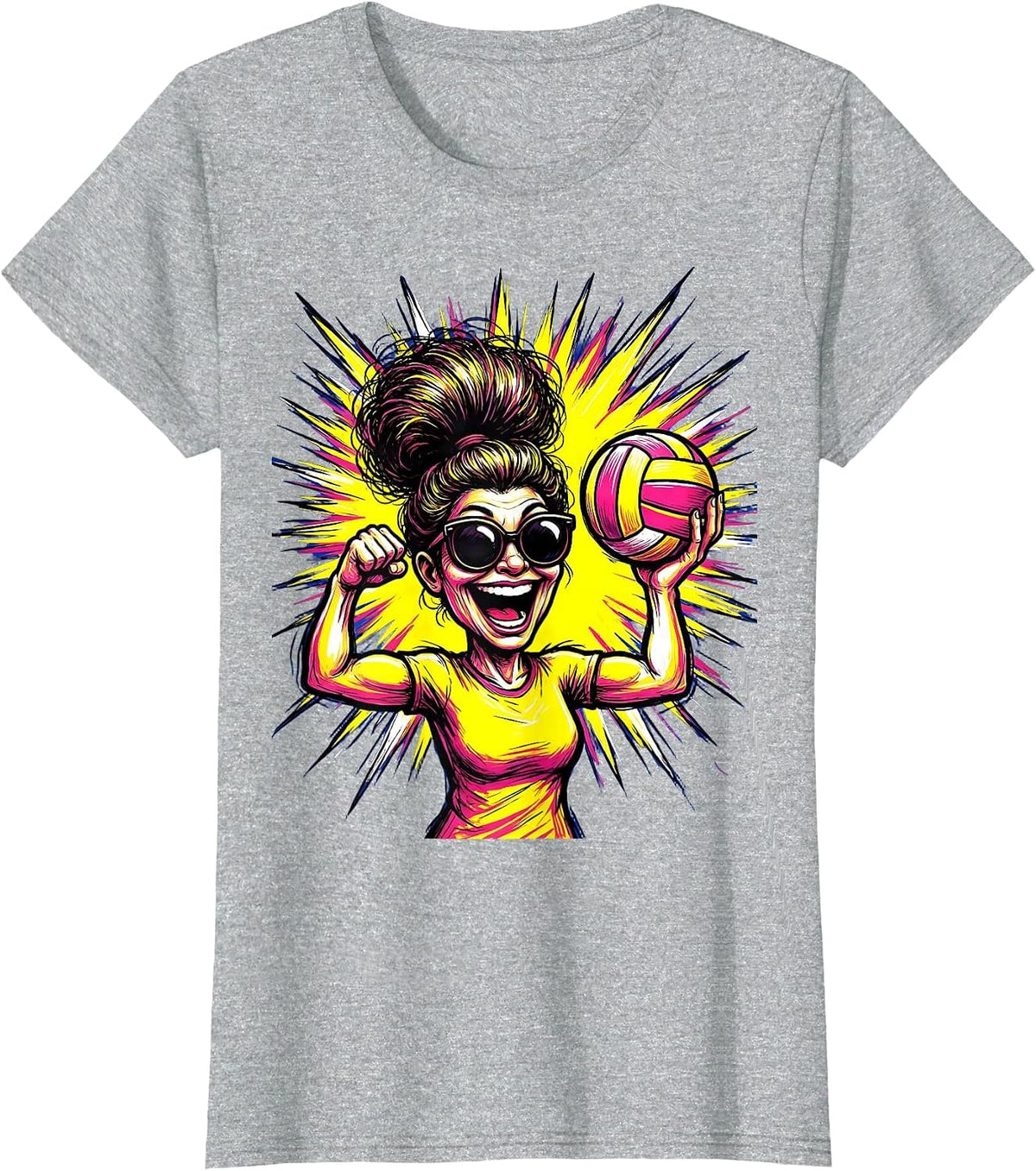 Women's Volleyball Mom Hand-Painted Sign Starburst Design T-Shirt - Heather Grey