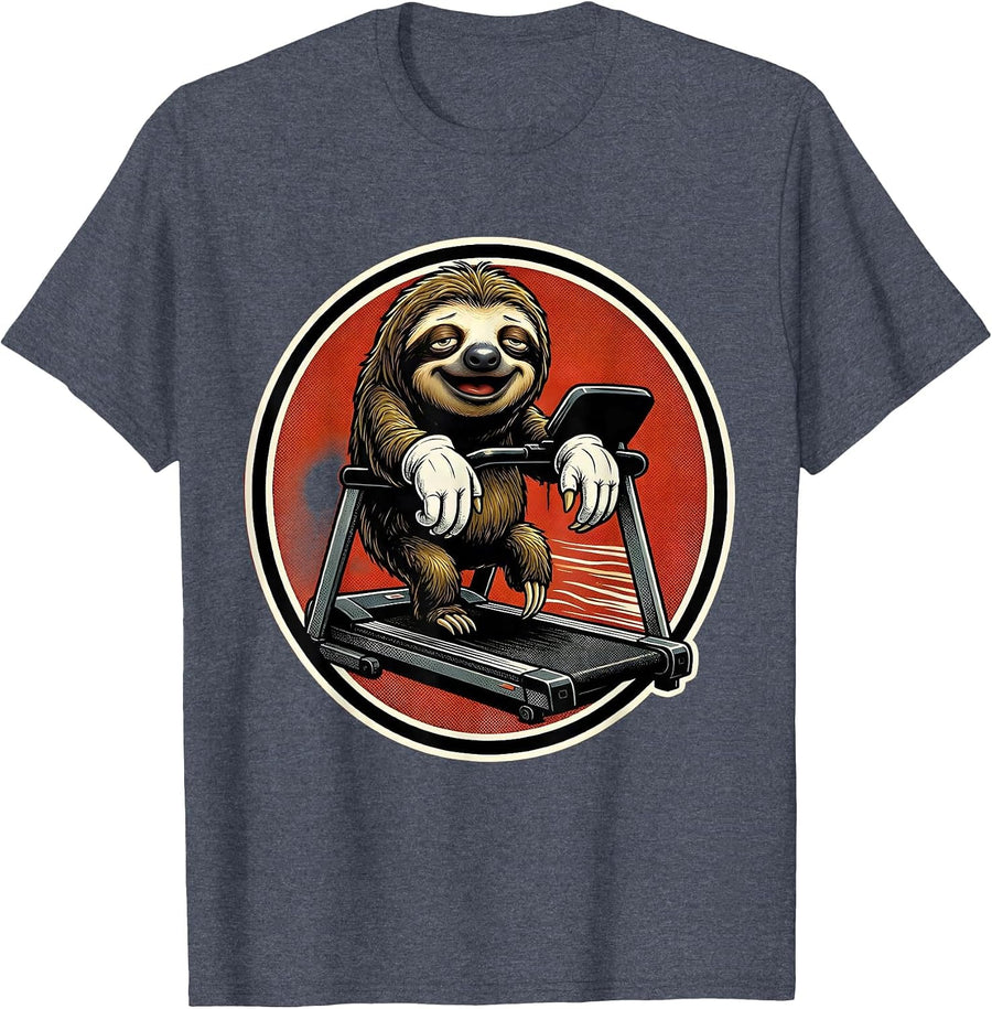 Lazy Sloth Hanging on Treadmill Funny Graphic T-Shirt - Heather Blue