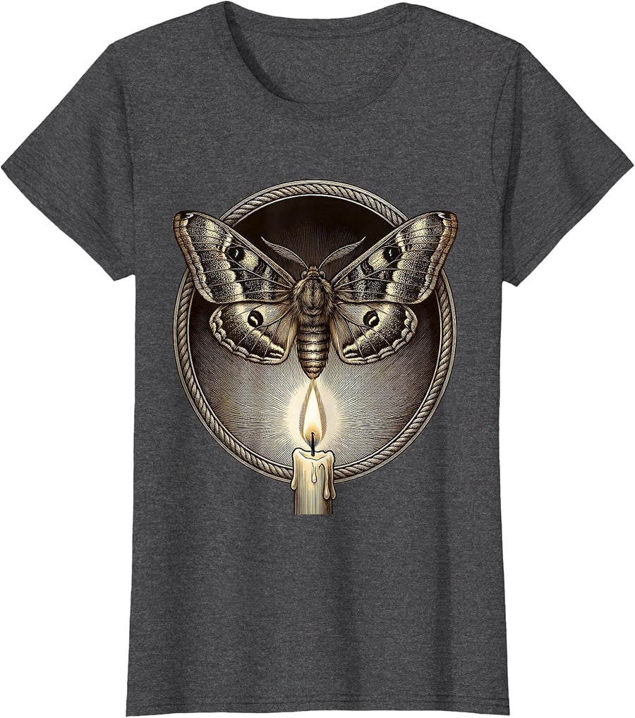 Women's Moth and Candlelight Dark Aesthetic Graphic T-Shirt - Dark Heather Grey
