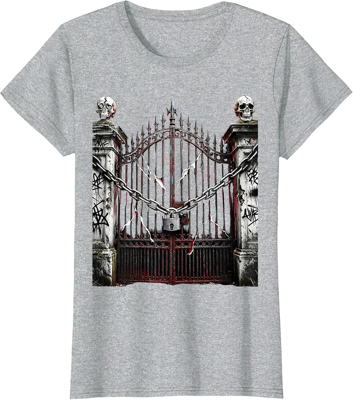Women's Emo Cemetery Gate Wrapped in Chains Graphic T-Shirt - Heather Grey