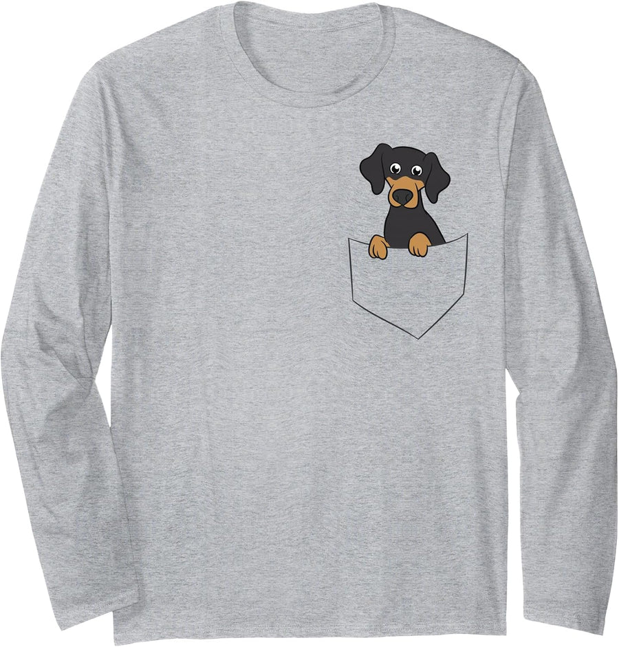 Cute Dachshund in Pocket Dachshund Owner Long Sleeve T-Shirt - Adult Unisex Heather Grey