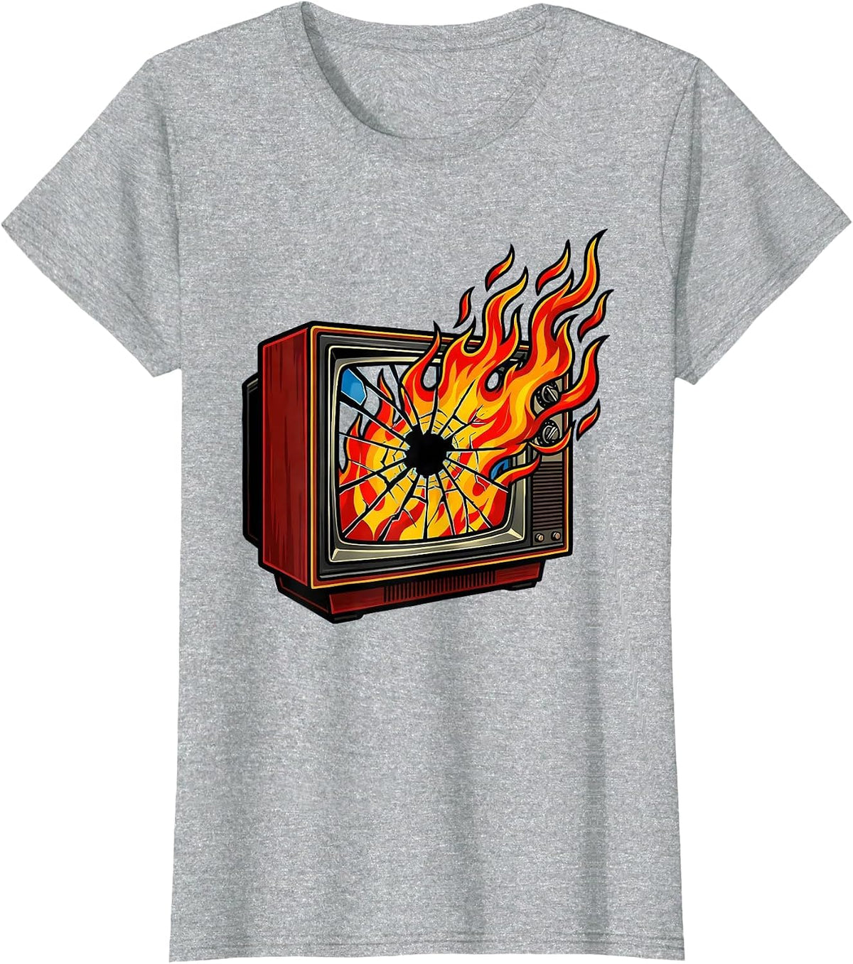 Women's Punk Rock Burning TV Cracked Screen Graphic T-Shirt - Heather Grey