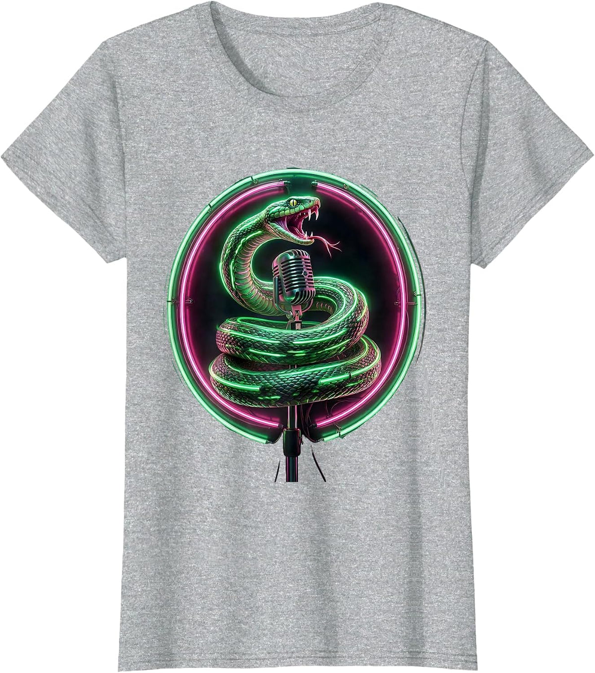 Snake Coiled Microphone Stand 80s Rock Graphic T-Shirt - Heather Grey