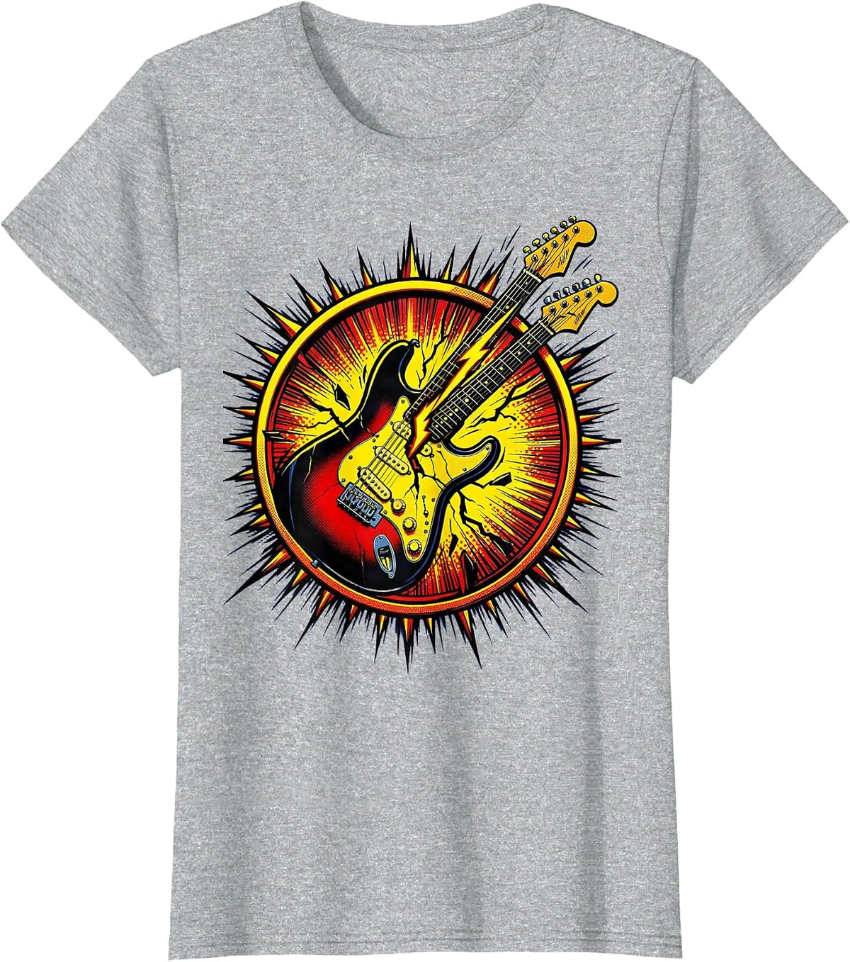 Women's Electric Guitar Lightning Bolt Split 80s Rock Art T-Shirt - Heather Grey
