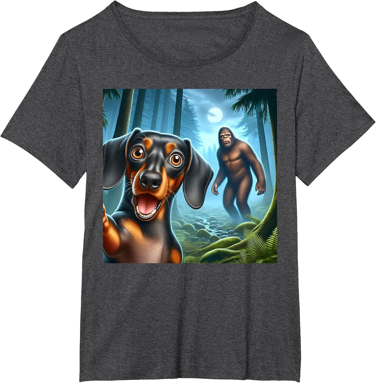 Dachshund Selfie with Bigfoot Sasquatch T-Shirt - Dark Heather Grey