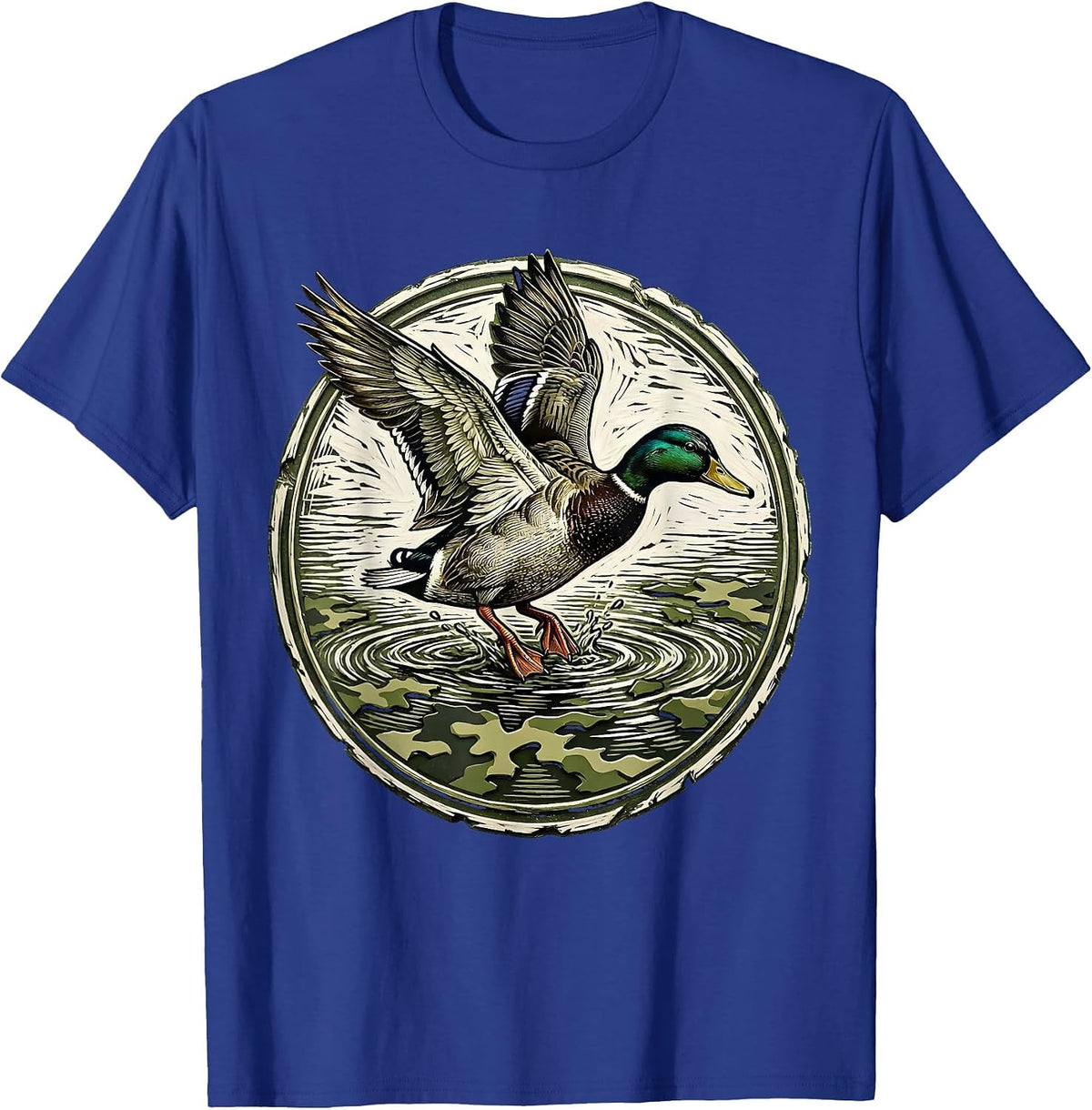 Duck Landing on Camo Marsh Water Illustration T-Shirt - Royal Blue