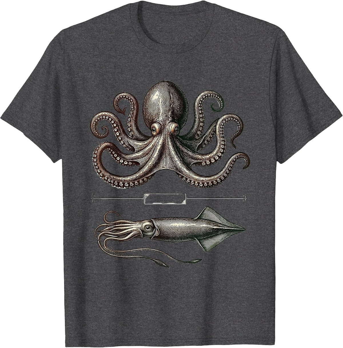 Octopus Squid Crosshatch Etching Marine Biology Enthusiast T-Shirt - Dark Heather Grey