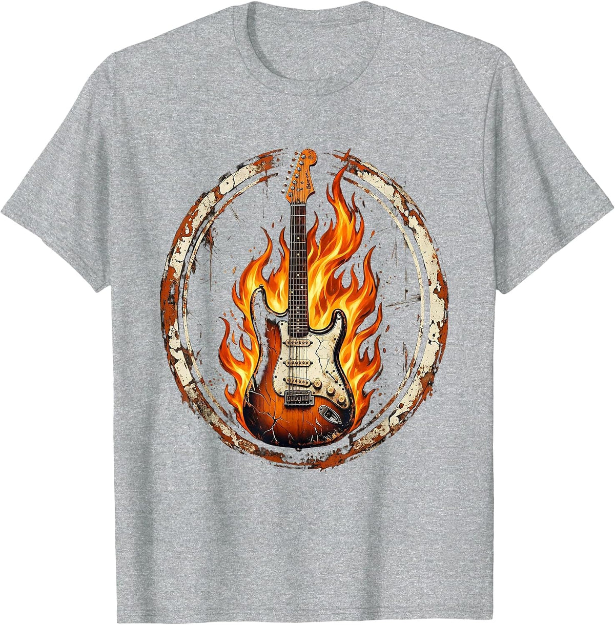 Men's Vintage Rock Electric Guitar Engulfed in Flames T-Shirt - Heather Grey