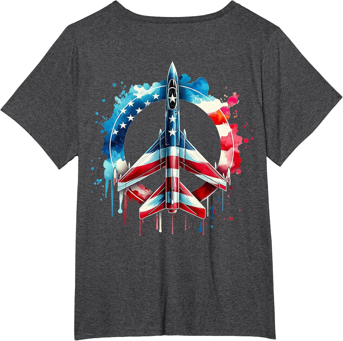 Flying Jet American Flag Peace Sign USA Patriotic July 4th T-Shirt - Dark Heather Grey