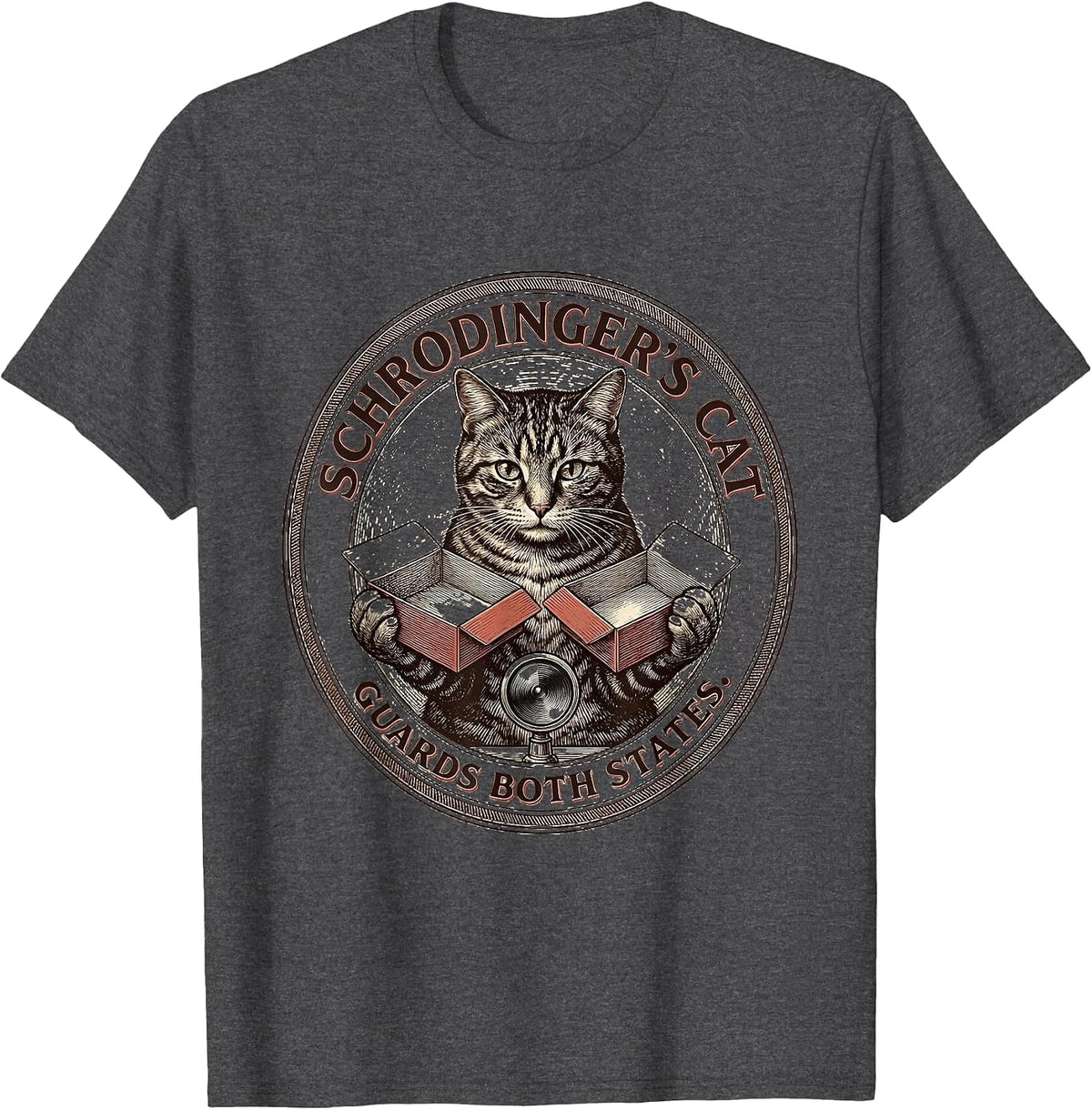 Men's Schrodinger's Cat Guards Both States Funny Quantum Physics T-Shirt - Dark Heather Grey
