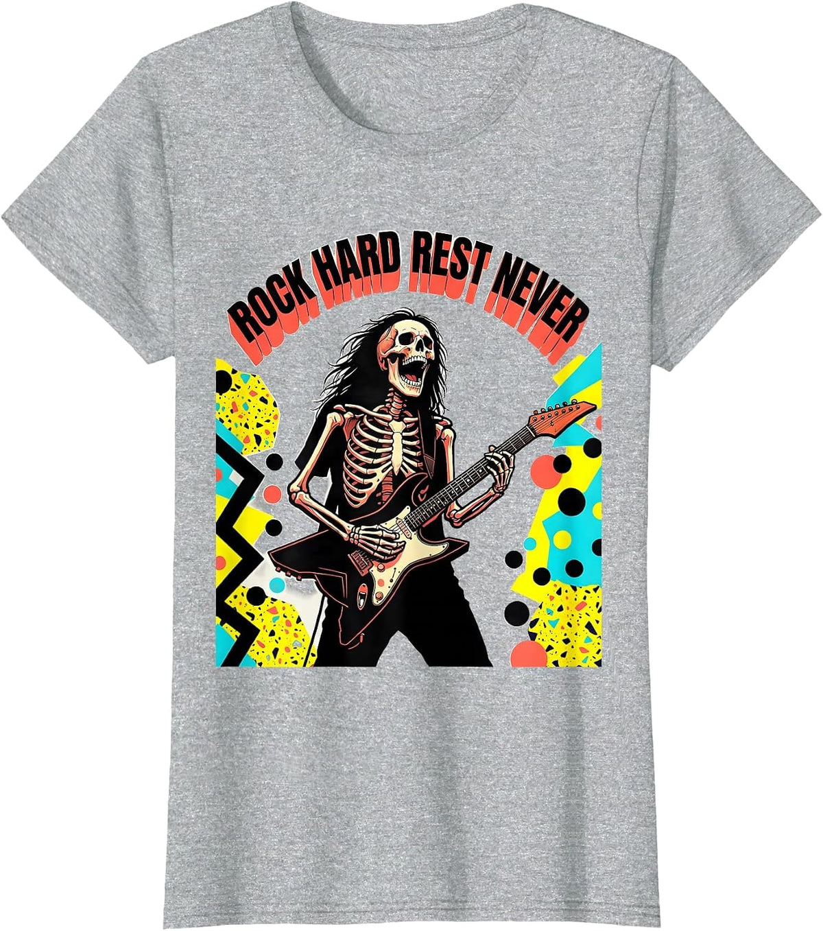 Skeleton Rock Band Rock Hard Rest Never Design T-Shirt - Heather Grey