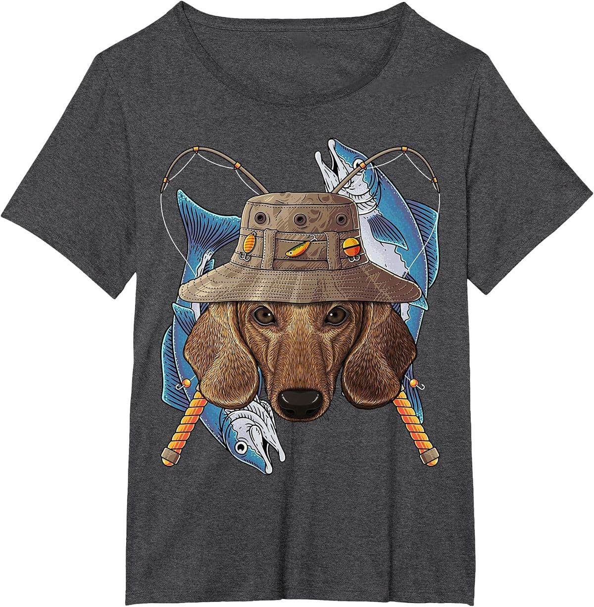 Outdoor Fisherman Dog Dachshund Cute Fly Fishing Dog T-Shirt - Dark Heather Grey