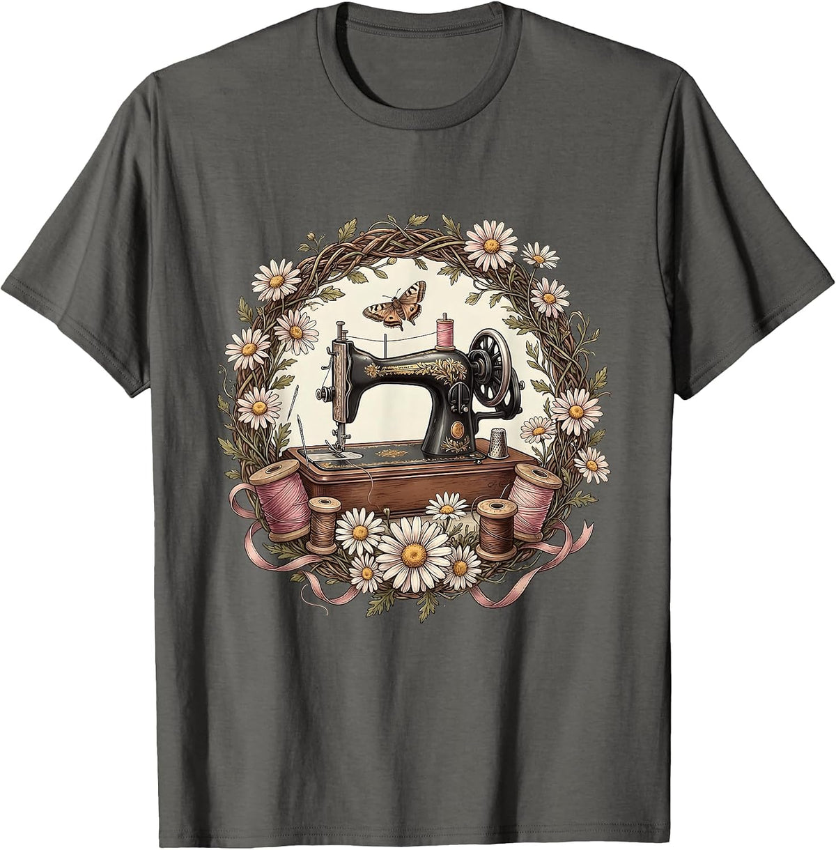 Vintage Sewing Machine Grandma Graphic Tee T-Shirt - Asphalt Grey