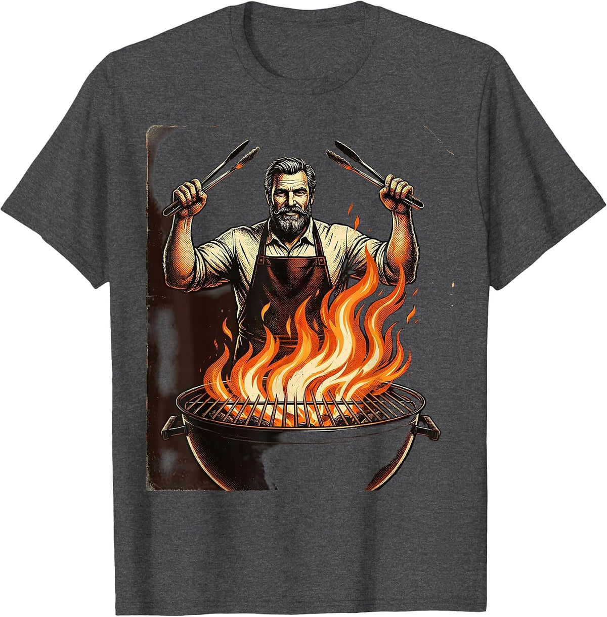 Men's Uncle Grillmaster Flaming BBQ Pit Illustration T-Shirt - Dark Heather Grey