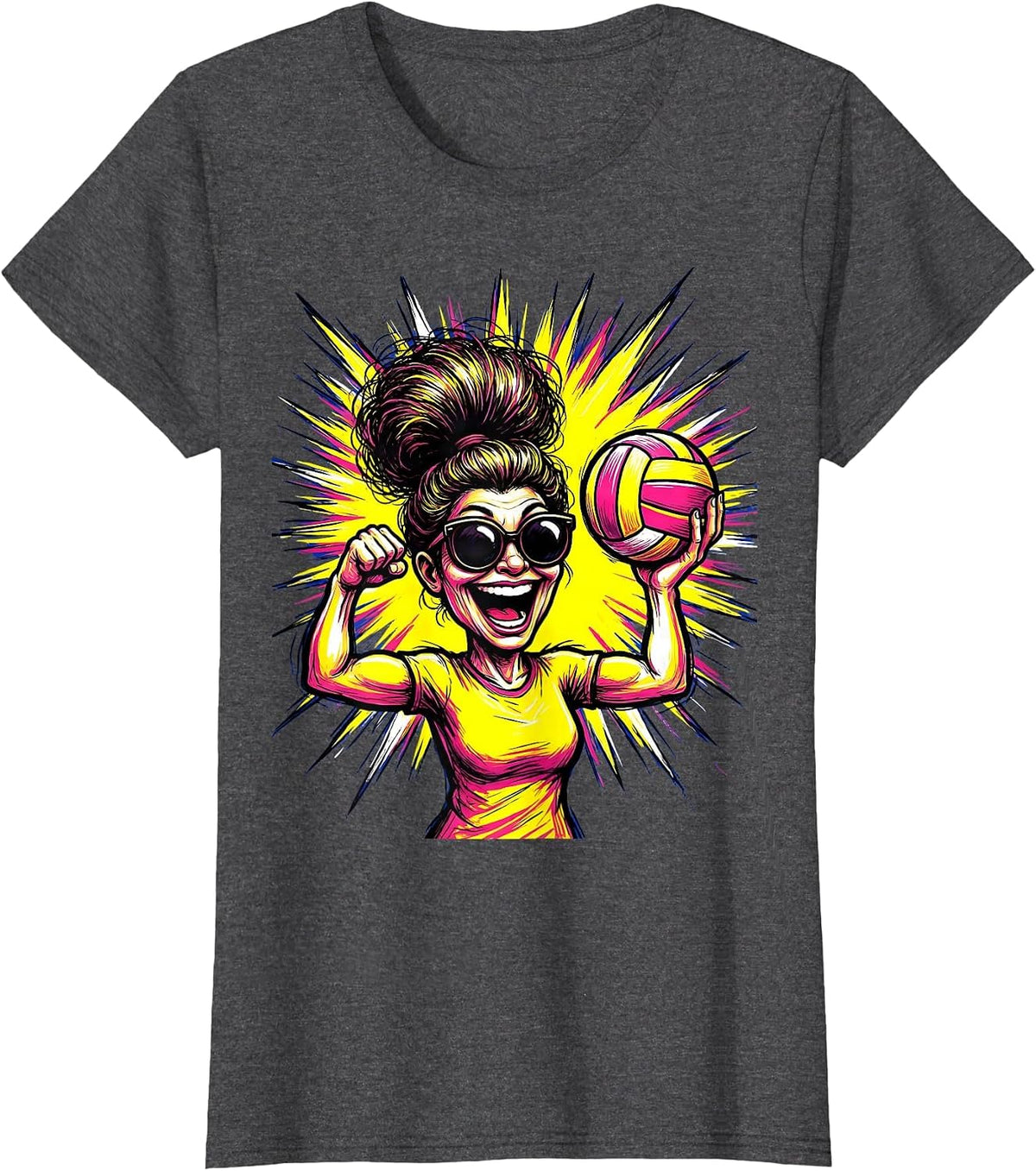 Women's Volleyball Mom Hand-Painted Sign Starburst Design T-Shirt - Dark Heather Grey