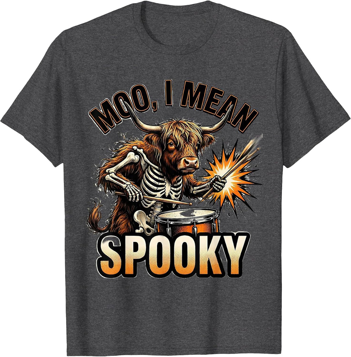 Men's Moo I Mean Spooky Comic Book Highland Cow Halloween Costume T-Shirt - Dark Heather Grey
