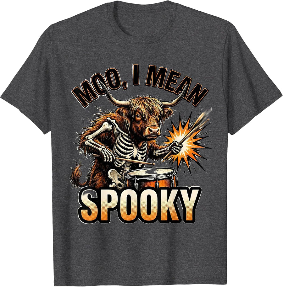 Men's Moo I Mean Spooky Comic Book Highland Cow Halloween Costume T-Shirt - Dark Heather Grey