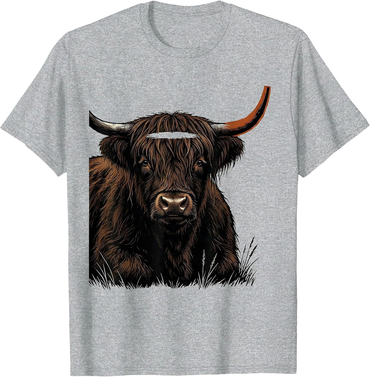 Men's Highland Cow Silhouette Linocut Cute Cow Lover Art T-Shirt - Heather Grey