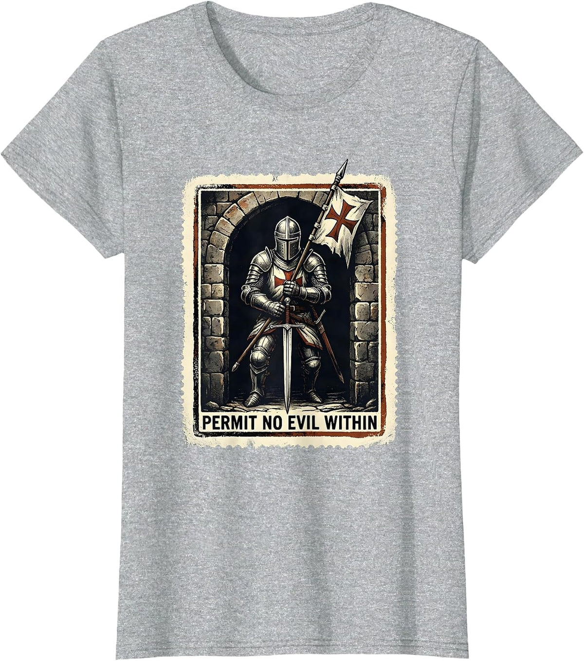 Women's Permit No Evil Within Rubber Stamp Knight Templar Crusader T-Shirt - Heather Grey