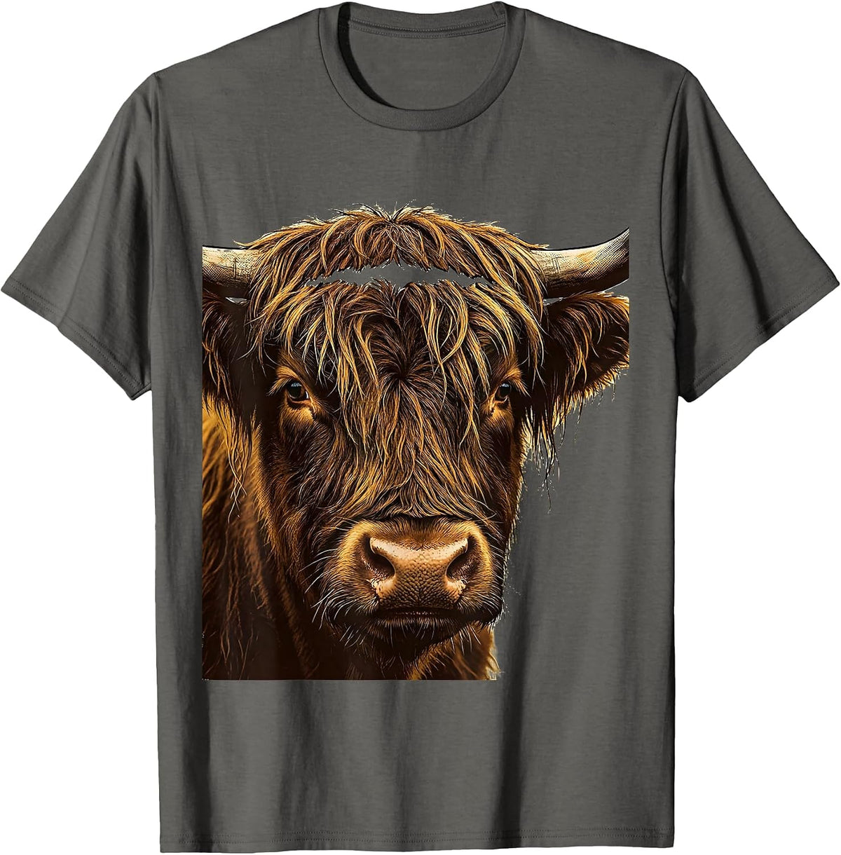 Men's Highland Cow Head Wood Type Letterpress Funny Cow Lover T-Shirt - Asphalt Grey