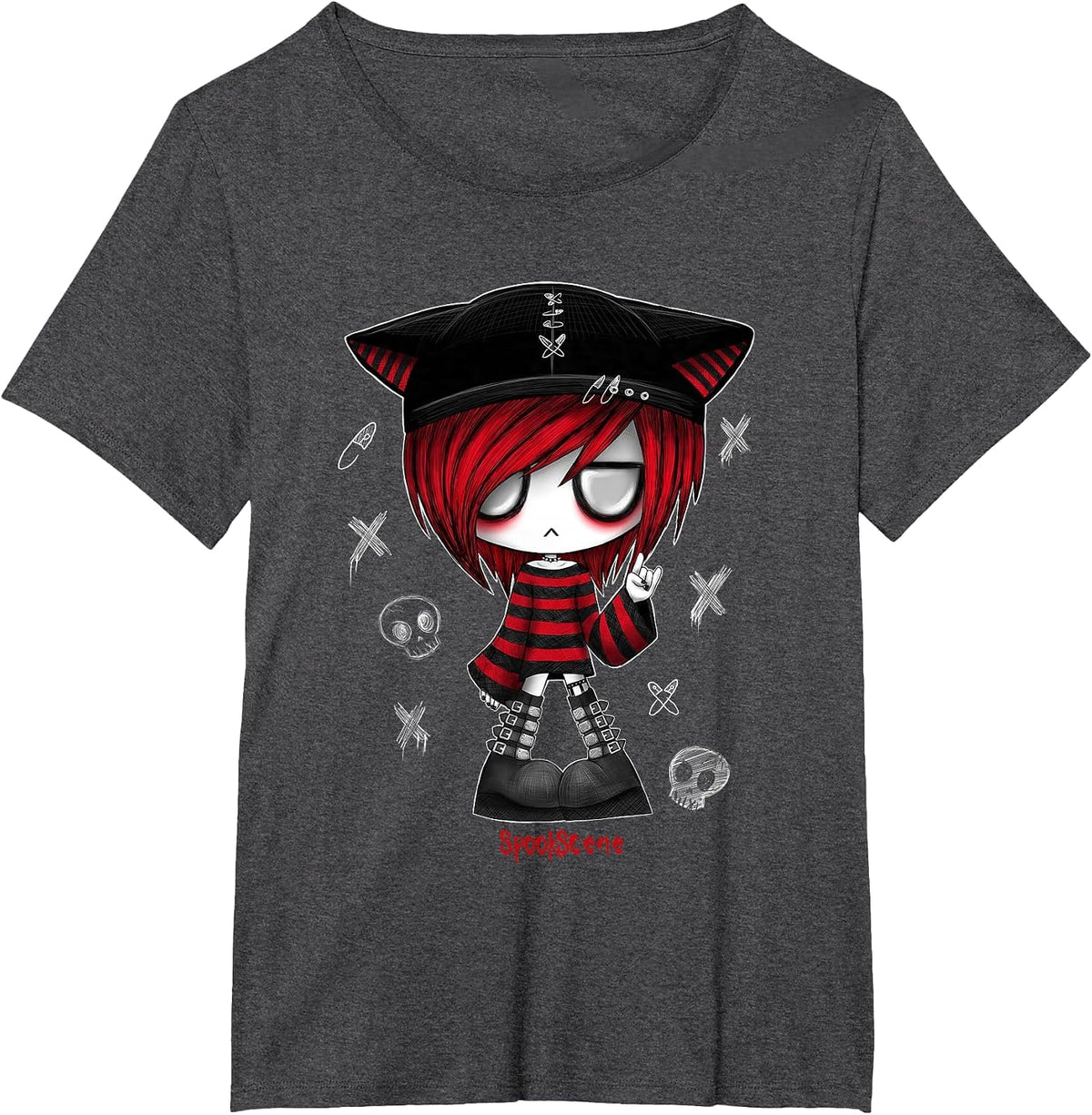 Spookscene Edgy Kitty Hat Scene Kid Emo Alt Goth Red T-Shirt - Dark Heather Grey