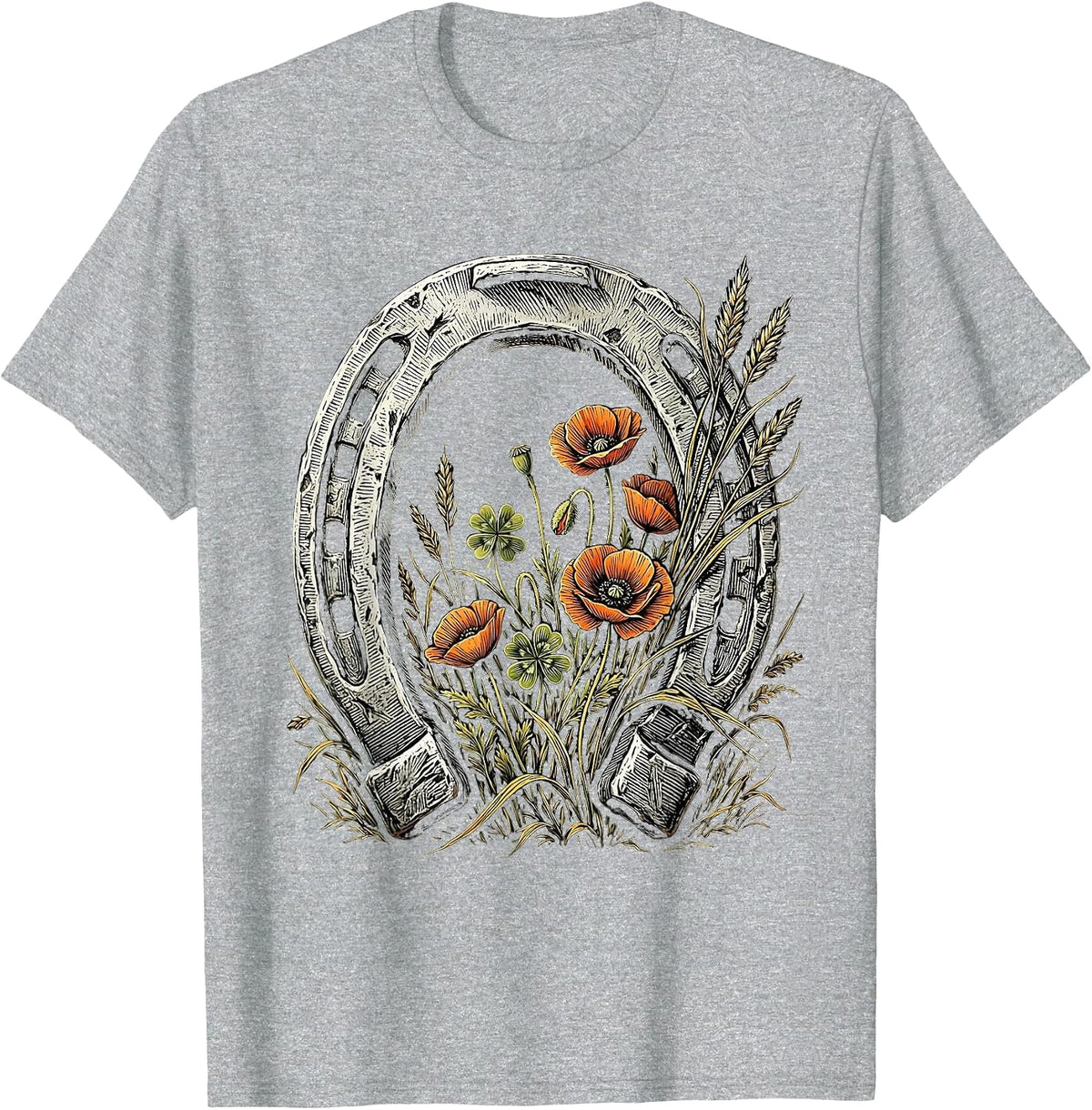 Men's Horseshoe Wildflowers Cowboy Western Floral Design T-Shirt - Heather Grey
