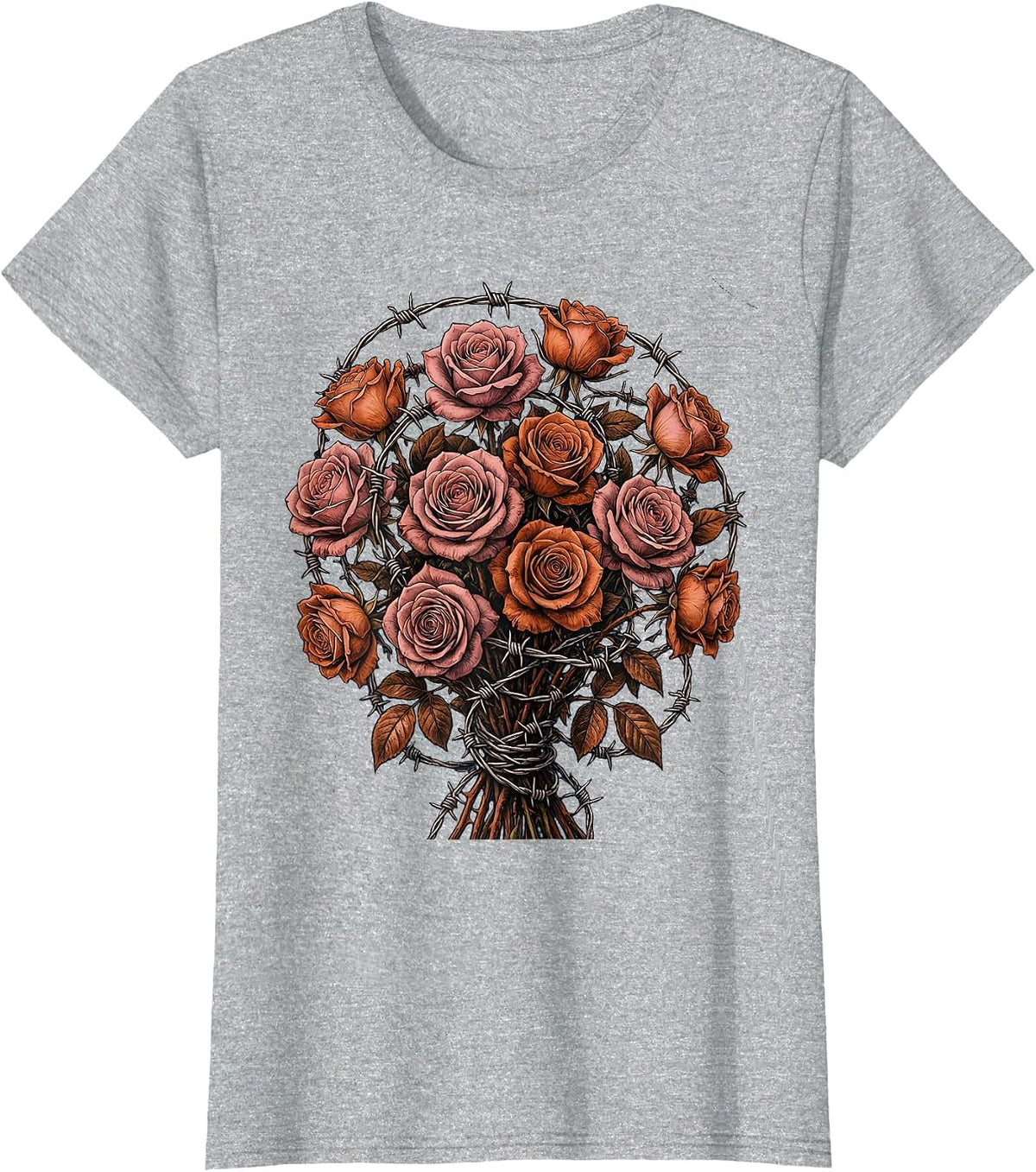 Roses and Barbed Wire 80s Rock Graphic T-Shirt - Heather Grey