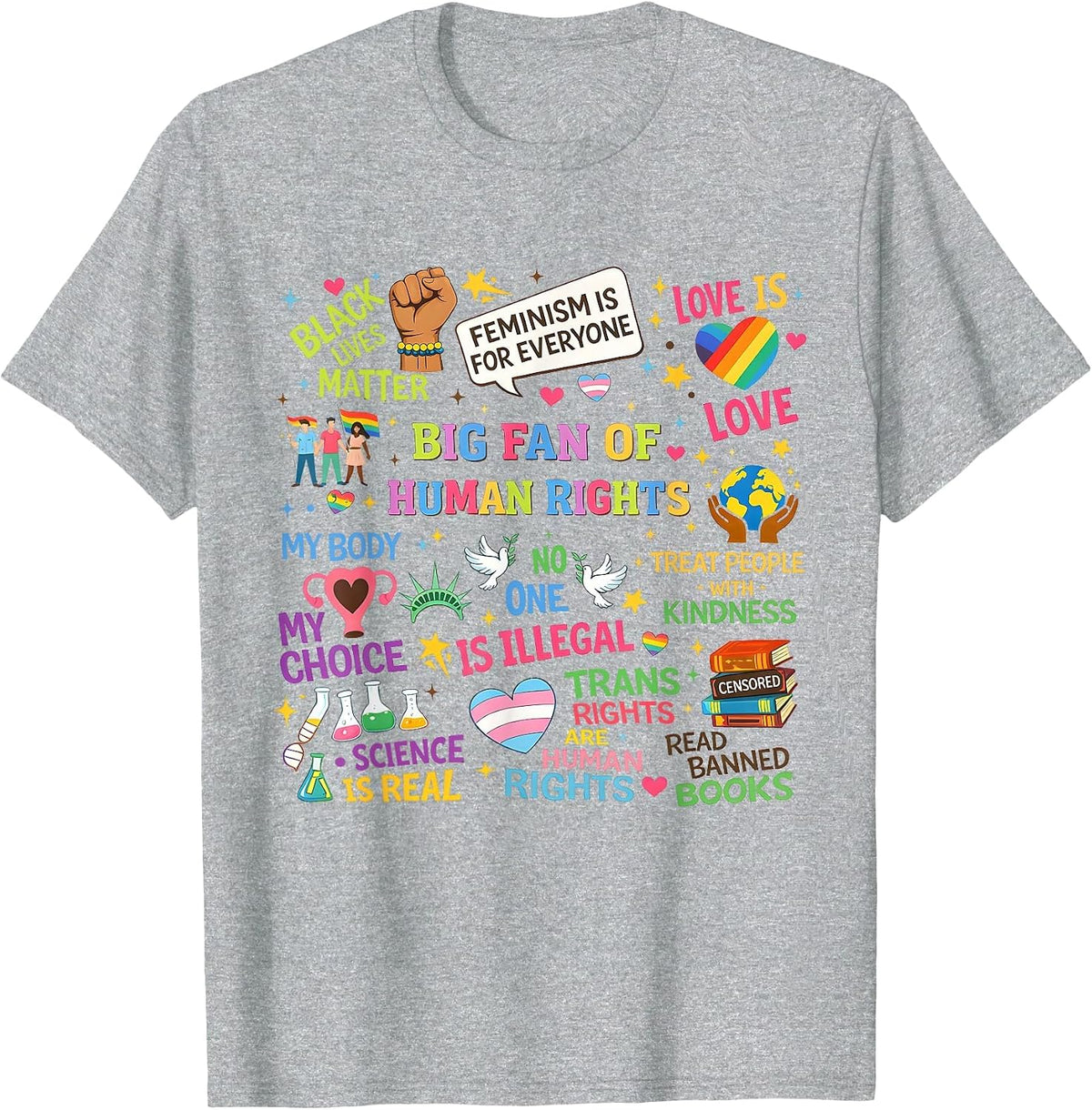 Floral Women Men Big Fan of Human Rights Equality Rainbow T-Shirt - Heather Grey