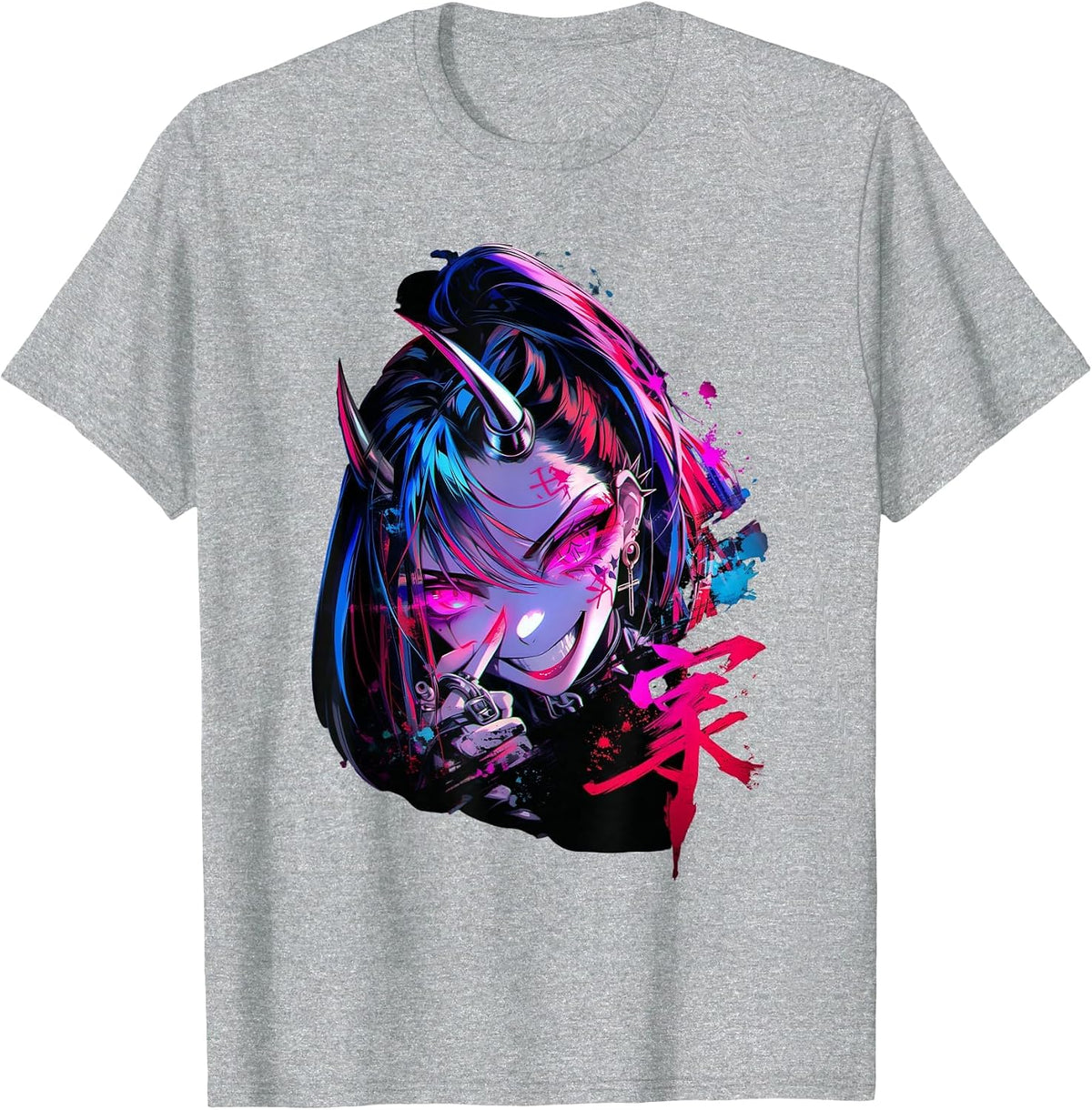 Goth Grunge Demon Anime Girl Waifu Horror Old Aesthetic T-Shirt - Heather Grey