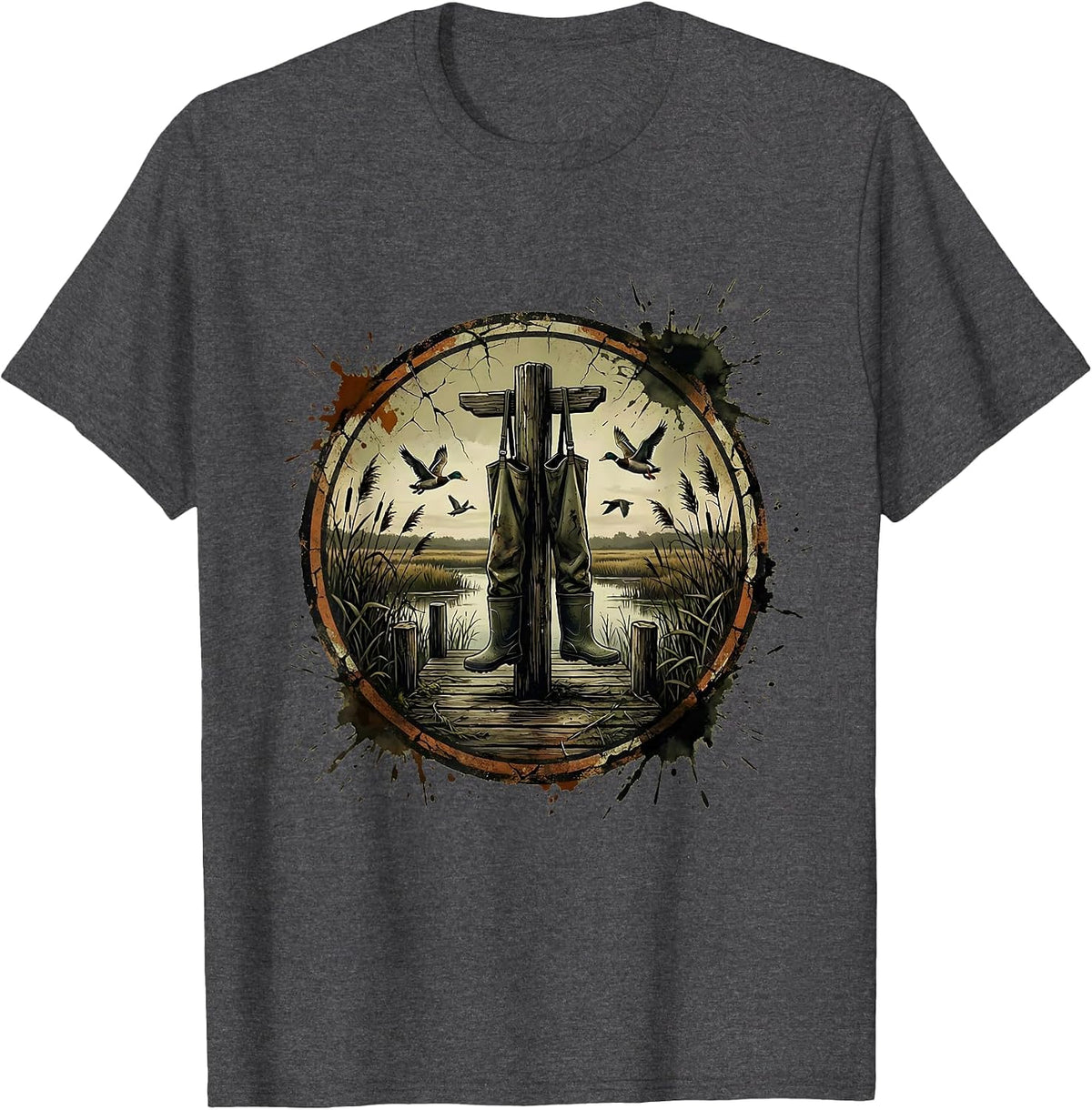 Duck Camo Waders on Weathered Dock Illustration T-Shirt - Dark Heather Grey