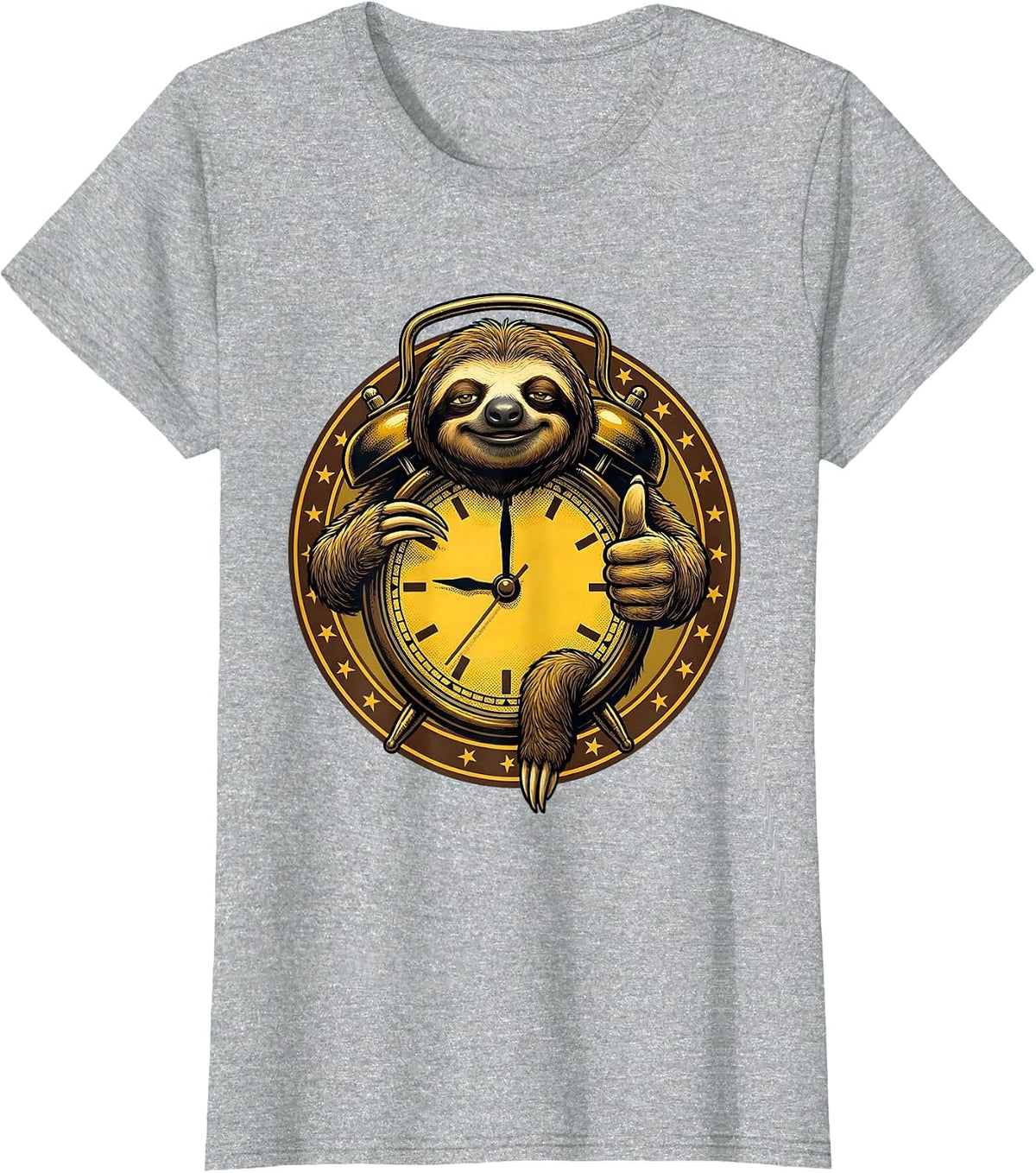 Sleepy Sloth Hanging on Alarm Clock Funny Tee T-Shirt - Heather Grey