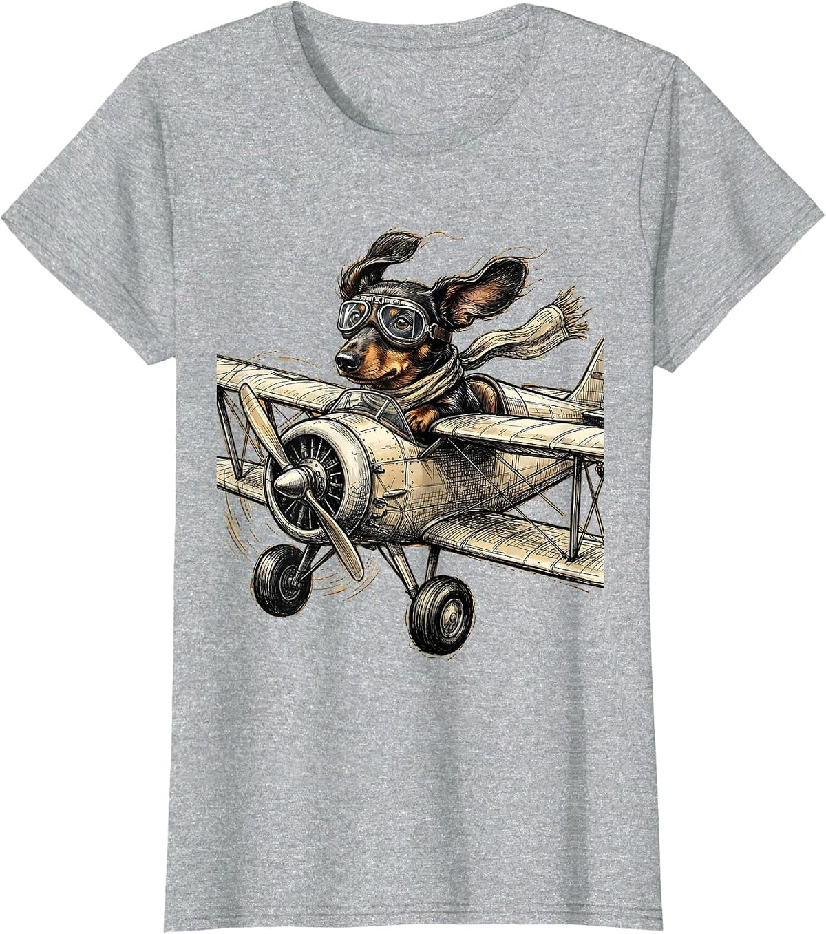 Dachshund Vintage Biplane Pilot Graphic Tee T-Shirt - Heather Grey